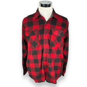 Wrangler Fleece Flannel Shirt Men Large Red Black Check Plaid Button Polyester